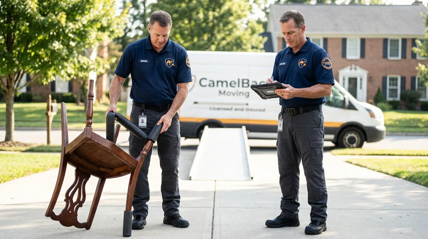 Movers inspecting furniture for damage prevention before loading in Clarkton, MO